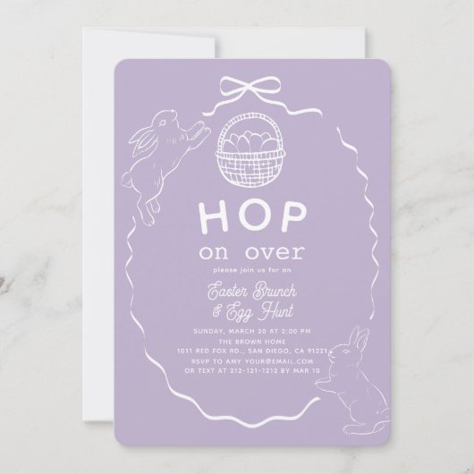 Hop on Over Lavender Bow Bunny Easter Brunch Kaart (Voorkant)