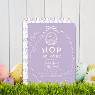 Hop on Over Lavender Bow Bunny Easter Brunch Kaart