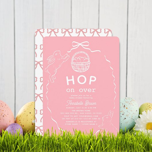 Hop on Over Pink Bow Girl Bunny Baby Shower Kaart