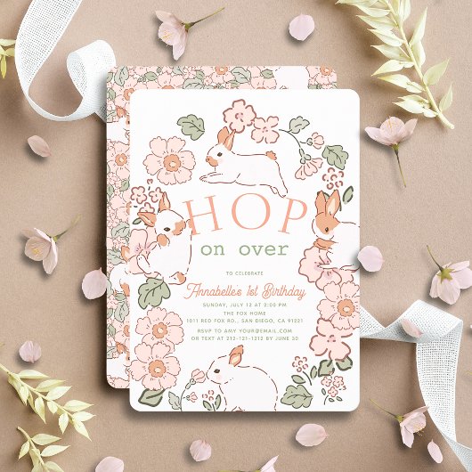 Hop op Over Bunny Boho Floral 1e verjaardag Kaart