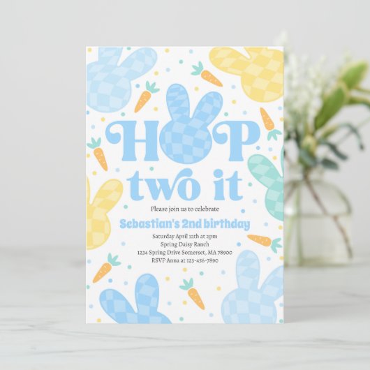 Hop Two It Bunny 2nd Birthday Boy Bunny Party Kaart (Staand voorkant)