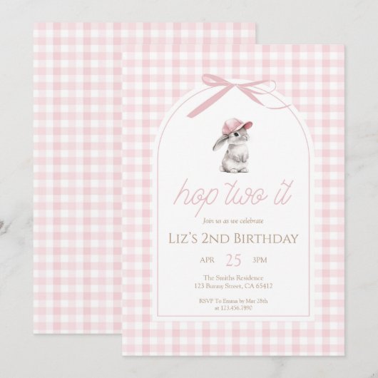 Hop Two It Pink Gingham Bunny 2nd Birthday Kaart (Voorkant / Achterkant)