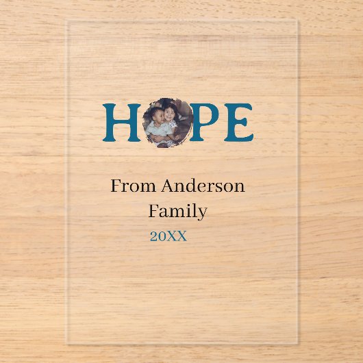 Hope blue holidays bold letter kids photo name yea acryl uitnodigingen (Voorkant)