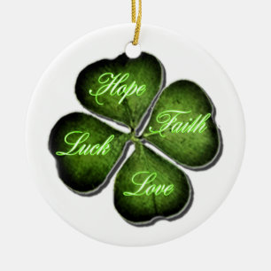 Hope, Faith, Love & Luck 4 Leaf Clover Keramisch Ornament