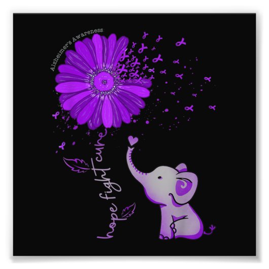 Hope Fight Cute Elephant Alzheimer's Paarse Ribbon Foto Afdruk (Voorkant)