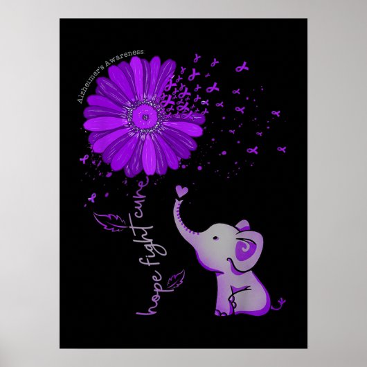 Hope Fight Cute Elephant Alzheimer's Paarse Ribbon Poster (Voorkant)