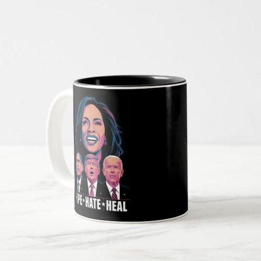 Hope Hate Heal Rise Kamala 2024 Tweekleurige Koffiemok (Voorkant links)