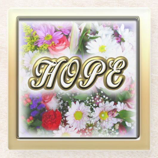 Hope Inspiration geschreven in een Bouquet Design Glazen Onderzetter (Voorkant)