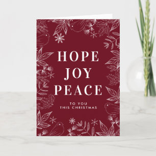 Hope Joy Peace Doves & Leaves Red Religious Feestdagen Kaart