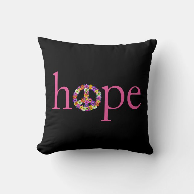 Hope & Peace Sign Floral op zwart Kussen (Voorkant)
