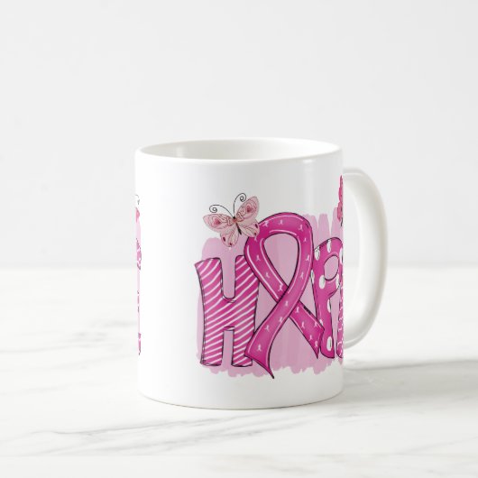 HOPE Pink Ribbon Butterfly Warrior Borstkanker Koffiemok (Voorkant rechts)
