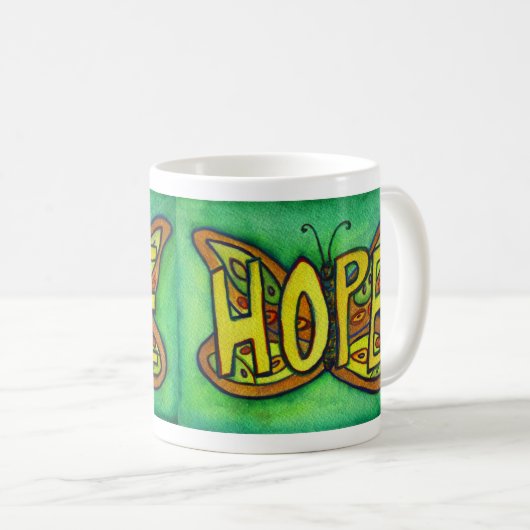 Hope Word Art Groene Vlinder Vleugels Koffie Mok (Voorkant rechts)