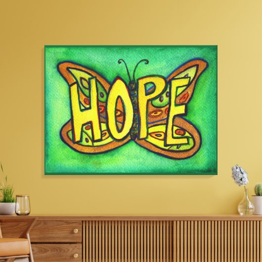 Hope Word Green Butterfly Painting Canvas (Insitu (Woonkamer))