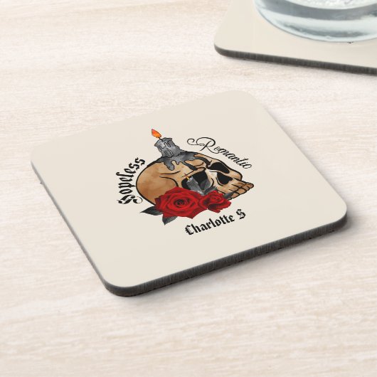 Hopeless Romantic – Gothic Skull, Red Rose Bier Onderzetter (Linkerzijde)