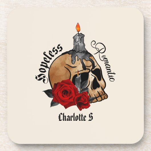 Hopeless Romantic – Gothic Skull, Red Rose Bier Onderzetter (Voorkant)