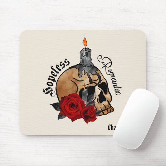 Hopeless Romantic – Gothic Skull, Red Rose Muismat (Met muis)