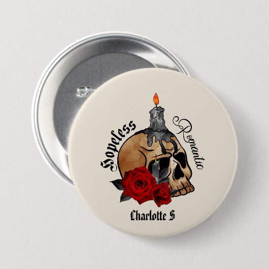 Hopeless Romantic – Gothic Skull, Red Rose Ronde Button 7,6 Cm (Voorkant /achterkant)