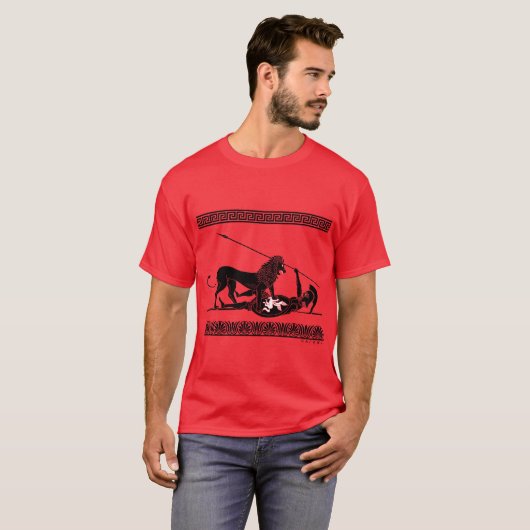 Hoplit en Lion (zwart op rood) T-shirt (Voorkant volledig)