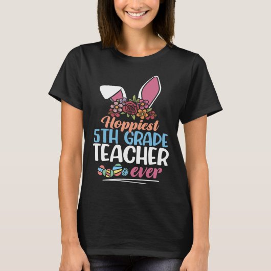 Hoppiest 5th Grade Teacher Ever Bunny Ear Red Plai T-shirt (Voorkant)