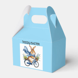 hoppige paashaas op blauwe fiets bedankdoosjes