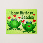 Hoppy Birthday Custom Name Cute Green Frogs Hearts Legpuzzel (Horizontaal)