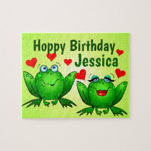 Hoppy Birthday Custom Name Cute Green Frogs Hearts Legpuzzel