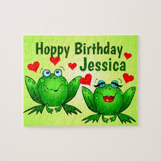 Hoppy Birthday Custom Name Cute Green Frogs Hearts Legpuzzel (Horizontaal)