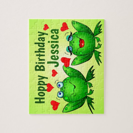 Hoppy Birthday Custom Name Cute Green Frogs Hearts Legpuzzel (Verticaal)