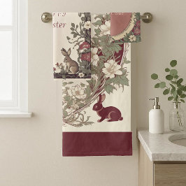 Hoppy Easter Bunny Art Nouveau Burgundy Farmhouse Bad Handdoek