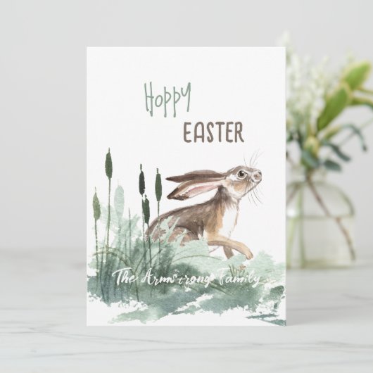 Hoppy Easter Bunny Pastel Floral Waterverf Feestdagenkaart (Staand voorkant)
