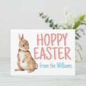 Hoppy Easter Bunny Rabbit Personalized Cute Pink Feestdagenkaart (Staand voorkant)