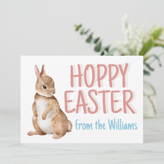 Hoppy Easter Bunny Rabbit Personalized Cute Pink Feestdagenkaart (Staand voorkant)