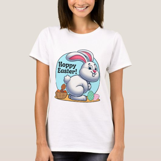 Hoppy Easter! Paashaas pooping chocolade eieren T-shirt (Voorkant)