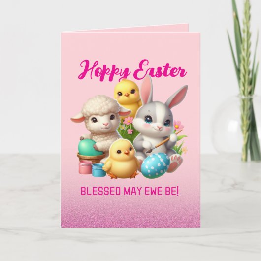 Hoppy Easter Schattige Bunny Chicks Lamb Schildere Feestdagen Kaart (Voorkant)