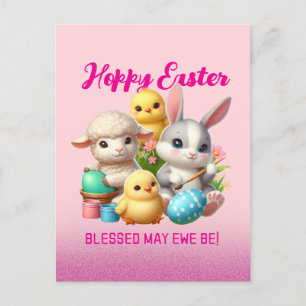 Hoppy Easter Schattige Bunny Chicks Lamb Schildere Feestdagenkaart