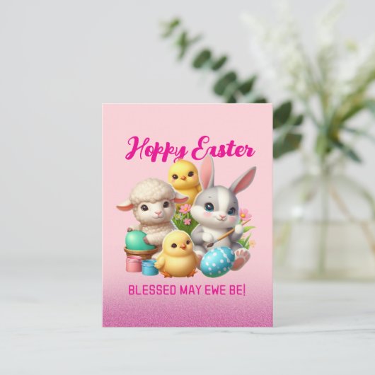 Hoppy Easter Schattige Bunny Chicks Lamb Schildere Feestdagenkaart (Staand voorkant)