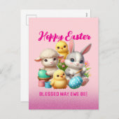 Hoppy Easter Schattige Bunny Chicks Lamb Schildere Feestdagenkaart (Voorkant / Achterkant)