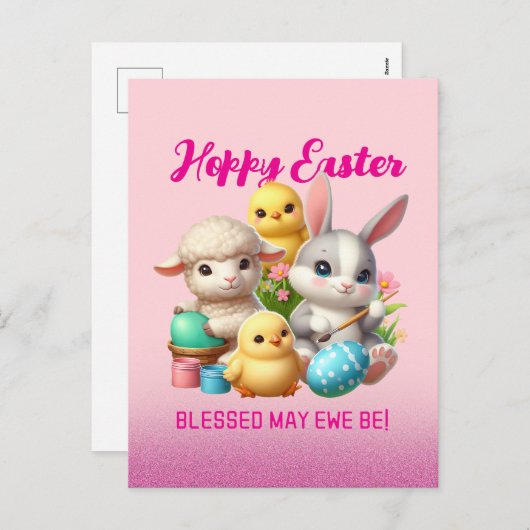 Hoppy Easter Schattige Bunny Chicks Lamb Schildere Feestdagenkaart (Voorkant / Achterkant)