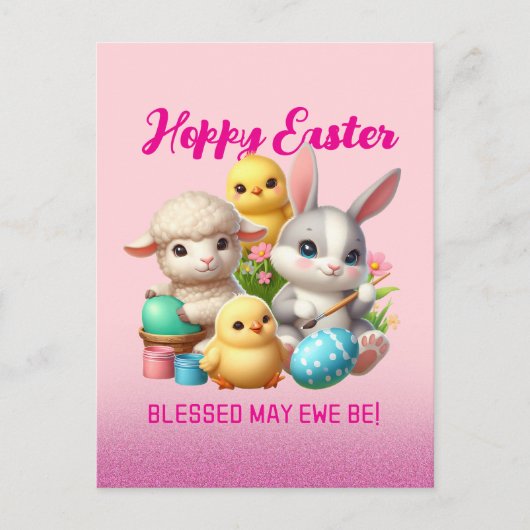 Hoppy Easter Schattige Bunny Chicks Lamb Schildere Feestdagenkaart (Voorkant)