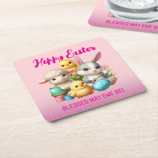 Hoppy Easter Schattige Bunny Chicks Lamb Schildere Kartonnen Onderzetters (Schuin)