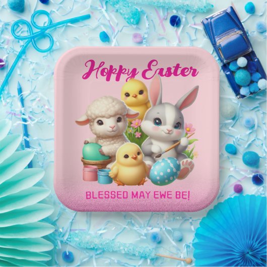 Hoppy Easter Schattige Bunny Chicks Lamb Schildere Papieren Bordje (Feest)