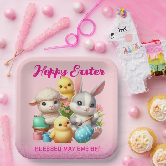 Hoppy Easter Schattige Bunny Chicks Lamb Schildere Papieren Bordje (Feest)