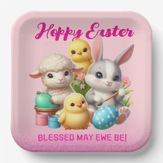 Hoppy Easter Schattige Bunny Chicks Lamb Schildere Papieren Bordje (Voorkant)