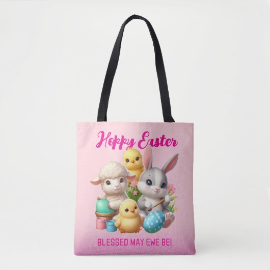 Hoppy Easter Schattige Bunny Chicks Lamb Schildere Tote Bag (Voorkant)