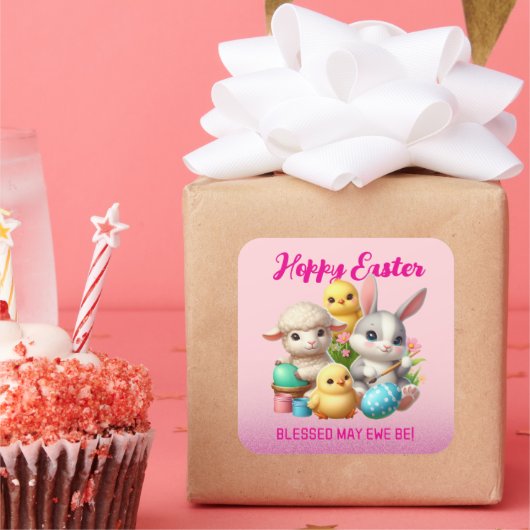 Hoppy Easter Schattige Bunny Chicks Lamb Schildere Vierkante Sticker (Feest)
