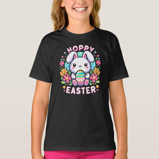 Hoppy Easter – Schattige konijn met kleurrijk ei T-shirt (Voorkant)
