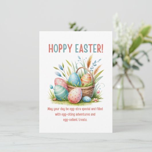 Hoppy Easter waterverf Eggs In Basket Grappig Feestdagenkaart (Staand voorkant)