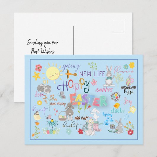 Hoppy Easter Wordart Groeten Blauwe Achtergrond Briefkaart (Voorkant / Achterkant)