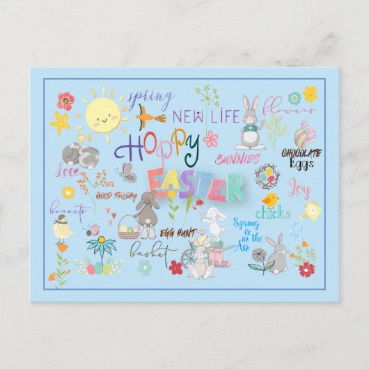 Hoppy Easter Wordart Groeten Blauwe Achtergrond Briefkaart (Voorkant)