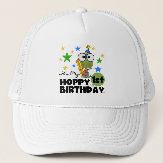 Hoppy Frog 1st Birthday T shirten en geschenken Trucker Pet (Voorkant)